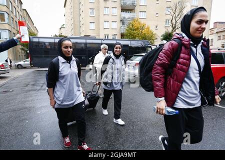 The Iranian women's national soccer team arrive at their hotel in Gothenburg, Sweden, on Oct. 20, 2016, on the eve of their international friendly soccer match against Sweden. Friday's match will be the first ever in Europe for the team. The match was planned for Oct. 20, but was postponed one day due to visa reasons. Photo: Thomas Johansson / TT / code 9200 Stock Photo