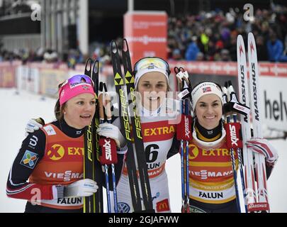 First placed Sweden's Stina Nilsson (C), second placed Norway's Maiken Caspersen Falla (L) and third placed Norway's Heidi Weng celebrate after the women's 1,4 km sprint event during the FIS Cross Country World Cup in Falun, Sweden, on Jan. 28, 2017. Photo: Ulf Palm / TT / code 9110  Stock Photo