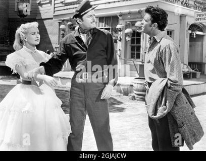 Betty Grable, John Carroll, Dale Robertson, on-set of the Film, 'The Farmer Takes A Wife', 20th Century-Fox, 1953 Stock Photo
