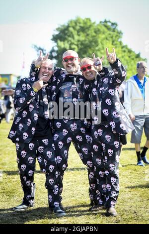 NORJE 20170607 Music lovers Tartan, Ib och Nils from Roskilde in Danmark dressed up in theire best skull-outfits during the first day of the 'Sweden Rock Festival' in Norje Sweden on Wednesday. Foto: Fredrik Sandberg / TT / kod 10080 swedenrock2017  Stock Photo