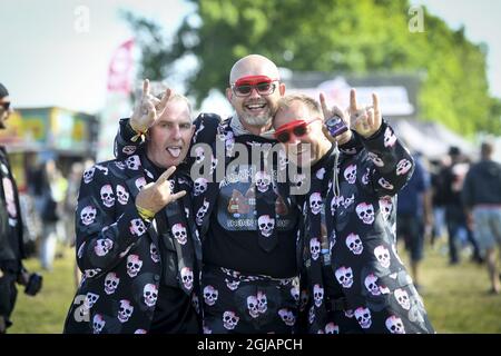 NORJE 20170607 Music lovers Tartan, Ib och Nils from Roskilde in Danmark dressed up in theire best skull-outfits during the first day of the 'Sweden Rock Festival' in Norje Sweden on Wednesday. Foto: Fredrik Sandberg / TT / kod 10080 swedenrock2017  Stock Photo