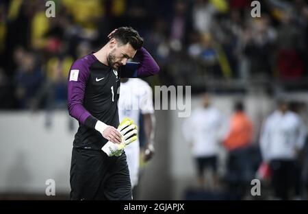 France's goalkeeper Hugo Lloris reacts after Sweden scored 2-1 during the FIFA World Cup 2018 group A qualifying soccer match between Sweden and France on June 9, 2017 at Friends Arena in Solna, Stockholm. Photo Marcus Ericsson / TT / code 11470  Stock Photo