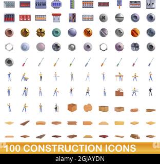 100 construction icons set. Cartoon illustration of 100 construction icons vector set isolated on white background Stock Vector