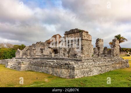 House of the Halach Uinic at Archeological Zone of Tulum Mayan Port City Ruins in Tulum, Mexico Stock Photo