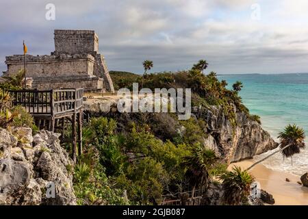 Archeological Zone of Tulum Mayan Port City Ruins in Tulum, Mexico Stock Photo