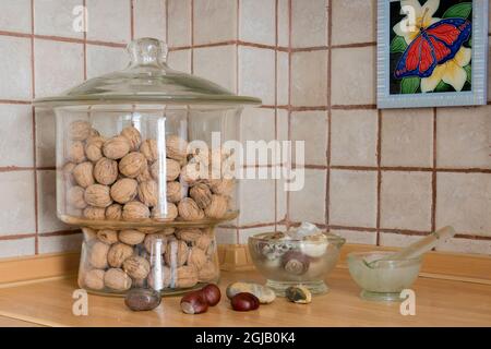 a jar of shelled walnuts, a few chestnuts and a glass mortar on the kitchen counter Stock Photo