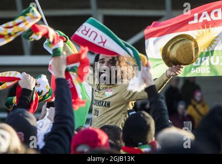 FILE 2017-10-28 Dalkurd player Peshraw Azizi celebrates with supporters after his team won against Gais in a Superettan (Swedish second soccer leauge) soccer match at Domnarvsvallen in Borlange on Oct. 28, 2017. The win means Dalkurd will play in Allsvenskan, the Swedish first division soccer league 2018. Photo: Ulf Palm / TT / code 9110  Stock Photo