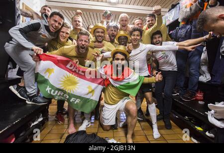 FILE 2017-10-28 Dalkurd players celebrate locker room after winning against Gais in a Superettan (Swedish second soccer leauge) soccer match at Domnarvsvallen in Borlange on Oct. 28, 2017. The win means Dalkurd will play in Allsvenskan, the Swedish first division soccer league 2018. Photo: Ulf Palm / TT / code 9110  Stock Photo
