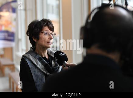 European Union Commissioner for Employment, Social Affairs, Skills and Labour Mobility Marianne Thyssen talks to journalists during a seminar on the European Pillar of Social Rights at the School of Business, Economics and Law (Gothenburg University) in Gothenburg, Sweden, on Nov. 16, 2017, on the eve of the EU Social Summit for Fair Jobs and Growth. Photo: Bjorn Larsson Rosvall / TT / code 9200  Stock Photo