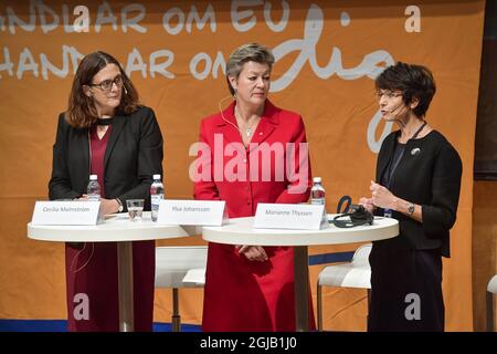 European Commissioner for Trade Cecilia Malmstrom (L-R), Swedish Minister for Employment and Integration Ylva Johansson and European Union Commissioner for Employment, Social Affairs, Skills and Labour Mobility Marianne Thyssen take part in a citizen's dialogue at the School of Business, Economics and Law at the University of Gothenburg on Nov. 16, 2017, on the eve of the EU Social Summit for Fair Jobs and Growth. Photo Jonas Ekstromer / TT / code 10030  Stock Photo