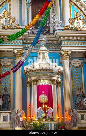 Colorful basilica altar Templo de la Limpia Concepcion, Puebla, Mexico. Church was built in 1617. Stock Photo
