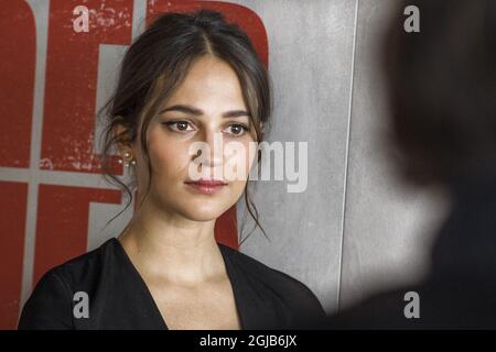 STOCKHOLM 20180308 Alicia Vikander during a photo call in Stockholm, Sweden on Thursday before the premiere of the movie 'Tomb raider. Foto: Claudio Bresciani / TT / Kod 10090  Stock Photo