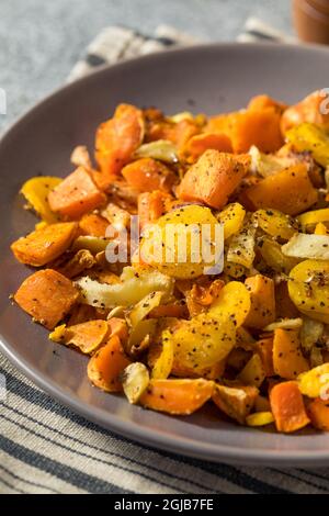 Healthy Roasted Potato Root Vegetables with Parsnips and Carrots Stock Photo