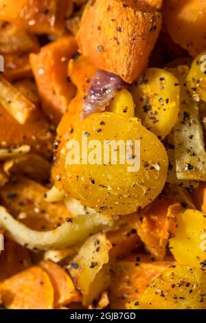 Healthy Roasted Potato Root Vegetables with Parsnips and Carrots Stock Photo