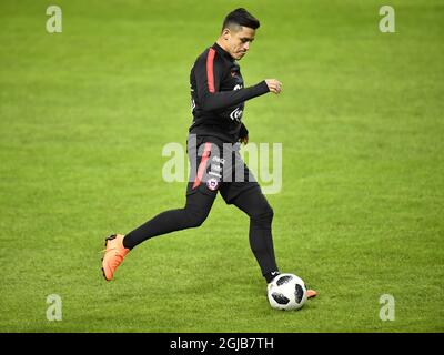 Chile's national soccer team player Alexis Sanchez in action during a training session at Friends Arena in Stockholm, Sweden, on March 23, 2018. Chile will meet Sweden for a friendly game tomorrow, March 24. Photo: Jonas Ekstromer / TT / code 10030  Stock Photo