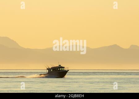 USA, Alaska, Petersburg, Sport fishing boat motors across calm water of Frederick Sound on summer evening. Stock Photo