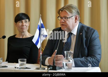 Timo Soini , Foreign Ministers of Finland and to the left Ine Eriksen Soreide, Foreign Minister of Norway during a joint press conference which concludes the Nordic Foreign Minister meeting at Nasby Castle in Taby, Sweden April 18. 2018. Photo: Jessica Gow / TT / Kod 10070  Stock Photo