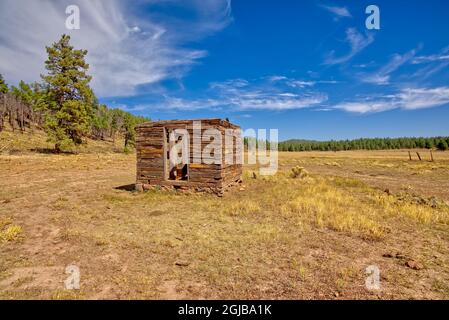 An old dilapidated Well House near Barney Tank south of Williams Arizona. Located on public land in the Kaibab National Forest. No property release ne Stock Photo