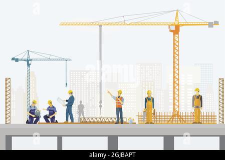Concrete worker and structural engineer on the construction site, illustration Stock Vector
