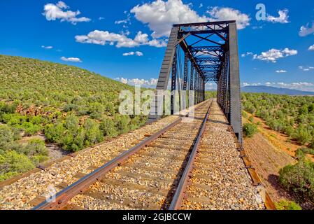 Closeup of an old railroad trestle bridge spanning Bear Canyon near Perkinsville Arizona in the Prescott National Forest. Stock Photo