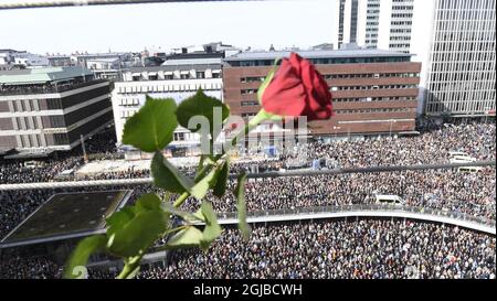 A file picture dated April 09, 2017, shows thousands of people gatering during a memorial service at Sergels torg in central Stockholm, Sweden, close to the site where a man drove a truck on a pedestrian street and into a department store in Stockholm, Sweden, killing five people. The convicted perpetrator, Uzbek Rakhmat Akilov, will face his sentece today June 07, 2018. Photo: Maja Suslin / TT / code 10300  Stock Photo