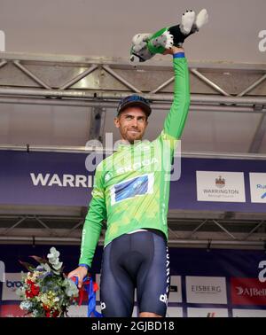 Canyon dhb SunGod’s Jacob Scott on the podium after stage five of the AJ Bell Tour of Britain from Alderley Park to Warrington. Picture date: Thursday September 9, 2021. Stock Photo