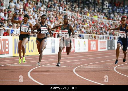 (L-R) Blessing Okagbare-Ighoteguonor of Nigeria, Murielle Ahoure of Ivory Coast, Dina Asher-Smith of Great Britain and Michelle-Lee Ahye of Trinidad & Tobago compete during the women's 100m event at the IAAF Diamond League 2018 meeting at Stockholm Olympic Stadium in Stockholm, Sweden, on June 10, 2018. Photo: Christine Olsson / TT / code 10430  Stock Photo