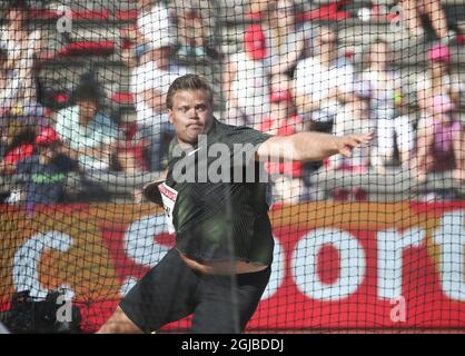 Sweden's Daniel Stahl competes in the men's discus event at the IAAF Diamond League 2018 meeting at Stockholm Olympic Stadium in Stockholm, Sweden, on June 10, 2018. Photo: Soren Andersson / TT / code1037  Stock Photo