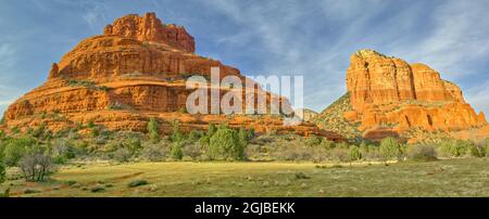 A panorama view of Bell Rock and Courthouse Butte in Sedona Arizona. This was composed from 3 separate photos. Stock Photo