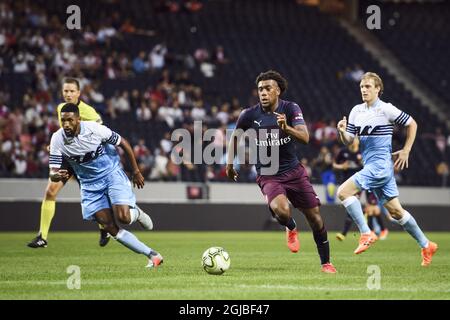 Arsenal's Alex Iwobi controls the ball during a pre season friendly soccer match between Arsenal FC and SS Lazio at Friends Arena in Solna, Stockholm, Sweden on Aug. 04, 2018. Photo: Erik Simander / TT / code 11720  Stock Photo