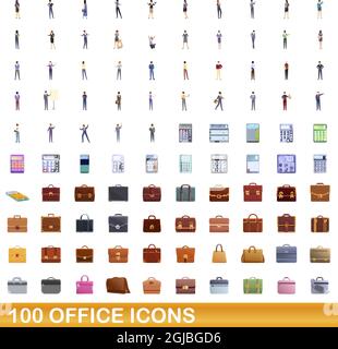 100 office icons set. Cartoon illustration of 100 office icons vector set isolated on white background Stock Vector