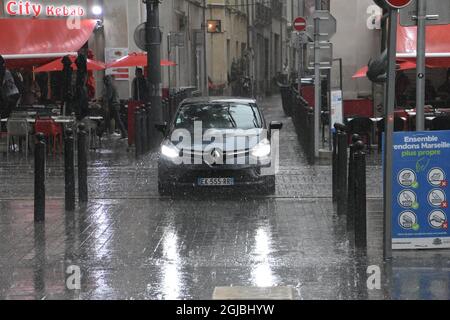 Marseille, France. 3rd Sep, 2021. A car drives through the streets of Marseille on a rainy day. (Credit Image: © Gerard Bottino/SOPA Images via ZUMA Press Wire) Stock Photo