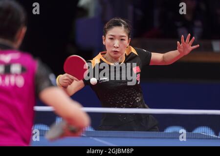 Liu Shiwen of China in action against Ito Mima of Japan during the women's quarterfinal table tennis match at the Swedish Open Championships in Eriksdalshallen in Stockholm, Sweden, on Nov. 03, 2018. Photo: Stina Stjernkvist / TT / code 11610  Stock Photo