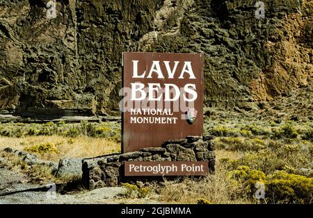 USA, California. Lava Beds National Monument sign Stock Photo