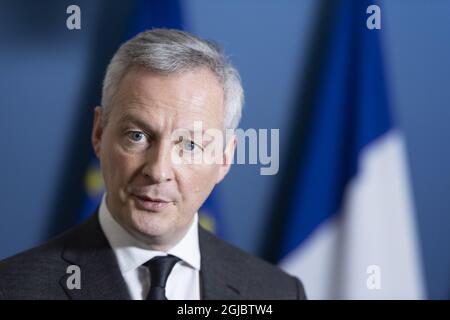 French Finance and Economy Minister Bruno Le Maire speaks to media after a meeting with his Swedish counterpart in Stockholm, Sweden February 4, 2019. Photo: Naina Helén Jama / TT / kod 11880  Stock Photo