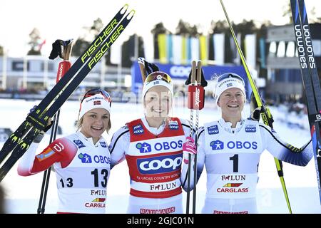 FALUN 2019-03-16 From Left Norway's Maiken Caspersen Falla second place Sweden*s Stina Nilsson first place and Sweden's Maja Dahlqvist third place during the woman's FIS World Cup Cross Country sprint event in Falun, Sweden, on March 16, 2019. Photo Ulf Palm / TT / Kod 9110  Stock Photo