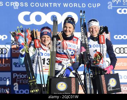 FALUN 2019-03-16 From Left Norway's Maiken Caspersen Falla second place Sweden*s Stina Nilsson first place and Sweden's Maja Dahlqvist third place during the woman's FIS World Cup Cross Country sprint event in Falun, Sweden, on March 16, 2019. Photo Ulf Palm / TT / Kod 9110  Stock Photo
