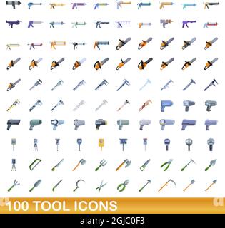 100 tool icons set. Cartoon illustration of 100 tool icons vector set isolated on white background Stock Vector