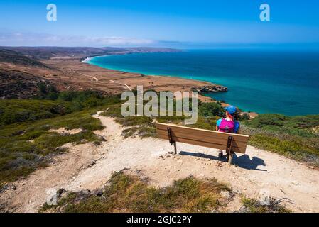 Hiker enjoying the view from the Torrey Pines Trail, Santa Rosa Island, Channel Islands National Park, California, USA. Stock Photo