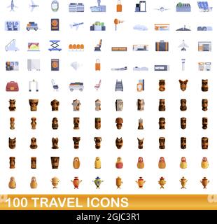 100 travel icons set. Cartoon illustration of 100 travel icons vector set isolated on white background Stock Vector