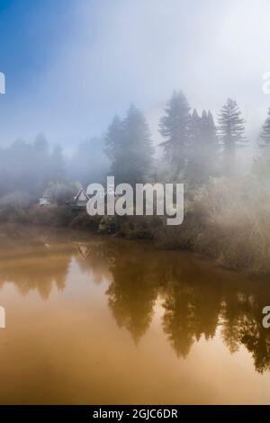 The clearing fog from the Russian River early morning in winter Stock ...
