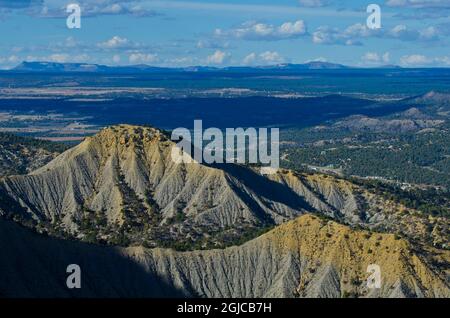 USA, Colorado, Cortez. Mesa Verde, Mancos Valley from Mancos Valley Overlook. Stock Photo