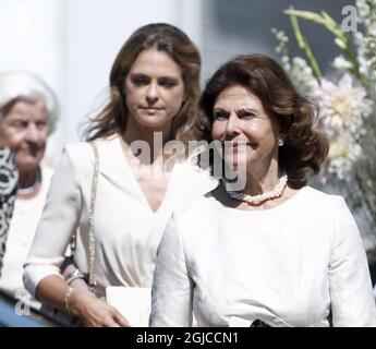 Queen Silvia, Princesss Madeleine Funeral of Anki Wallenberg in Dalaro church, Stockholm, Sweden 19 July 2019 Anki Wallenberg died in a sailing accident on the lake Geneva. She resided in London and was a close friend to the Swedish Royal Family. (c) Patrik Osterberg / TT / kod 2857  Stock Photo