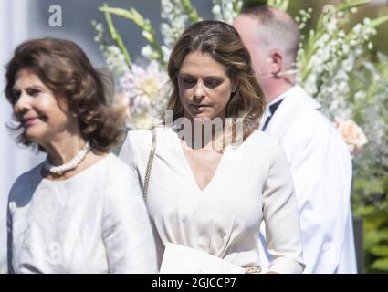 Queen Silvia, Princesss Madeleine Funeral of Anki Wallenberg in Dalaro church, Stockholm, Sweden 19 July 2019 Anki Wallenberg died in a sailing accident on the lake Geneva. She resided in London and was a close friend to the Swedish Royal Family. (c) Patrik Ã–sterberg / TT / kod 2857  Stock Photo