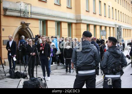 Jouralists in a queue out side the district court in Stockholm, July 30, 2019. US rapper A$AP Rocky is heading to a Stockholm court on July 30, 2019 to face charges of assault, over a June street brawl. Photo: Fredrik Persson / TT ** SWEDEN OUT **  Stock Photo