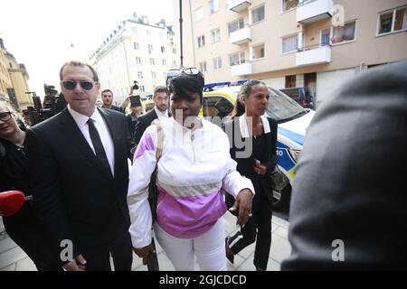 Renee Black, ASAP Rocky's mother, arrives to the district court in Stockholm, July 30, 2019. US rapper A$AP Rocky is heading to a Stockholm court on July 30, 2019 to face charges of assault, over a June street brawl. Photo: Fredrik Persson / TT ** SWEDEN OUT **  Stock Photo