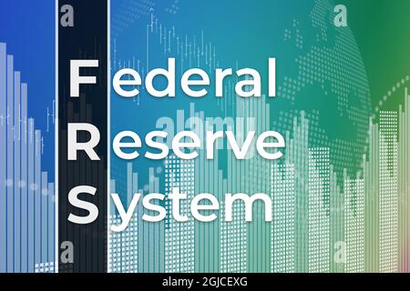 Actions of FRS (Federal Reserve System) on blue and green finance background from graphs, charts, columns, pillars, bars, numbers. Trend Up and Down, Stock Photo