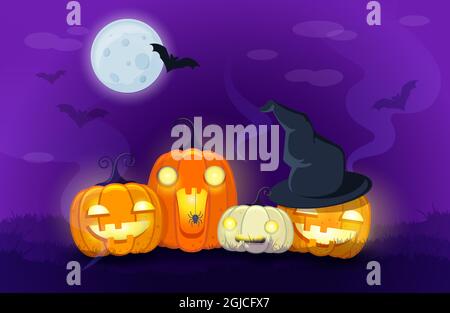 Halloween Pumpkins on night background with bats Stock Vector