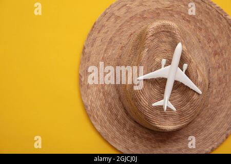 Model airplane on a straw hat. Summer holiday vacation background Stock Photo