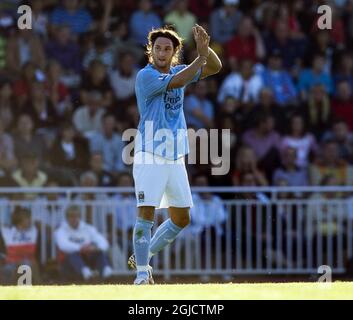 Manchester City's Rolando Bianchi celebrating his goal during the friendly match against Orgryte at the Paskbergavallen Stadium in Varberg, Sweden. Photo issued on Wednesday July 18, 2007 by the PRESS ASSOCIATION. Photo credit should read: Adam Ihse/SCANPIX. THIS PICTURE CAN ONLY BE USED WITHIN THE CONTEXT OF AN EDITORIAL FEATURE. NO WEBSITE/INTERNET USE UNLESS SITE IS REGISTERED WITH FOOTBALL ASSOCIATION PREMIER LEAGUE. Stock Photo